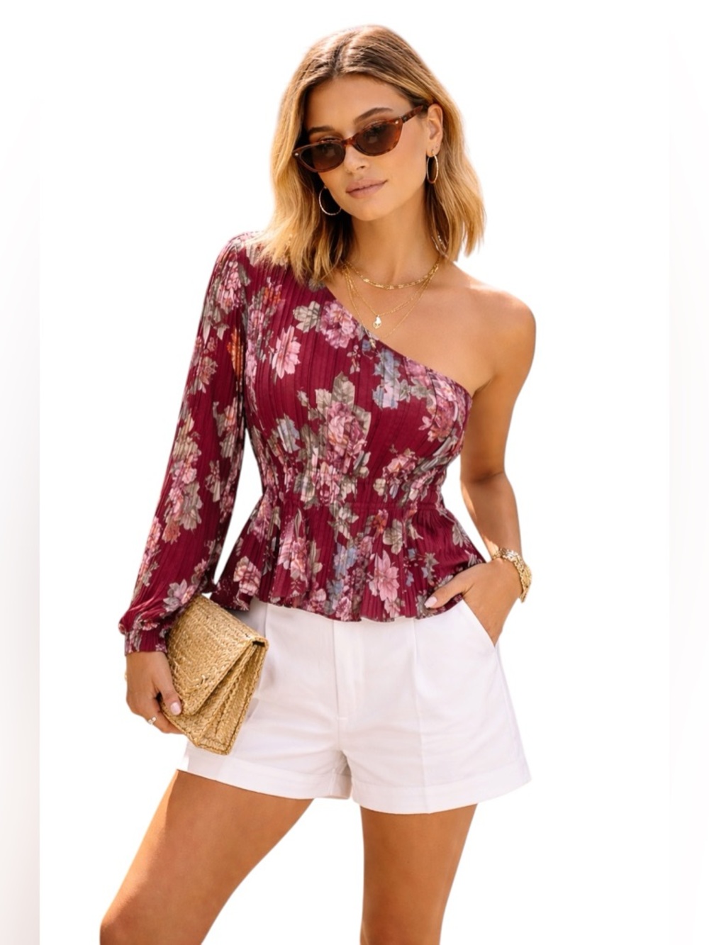 WAYF Scarlet Roses One-Shoulder Pleated Floral Blouse Size L NWT